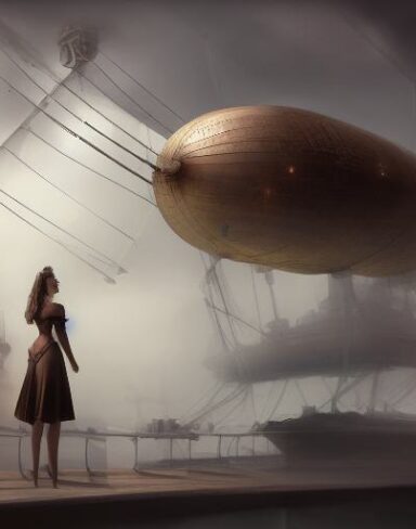 A painting of a woman standing in front of a giant ship