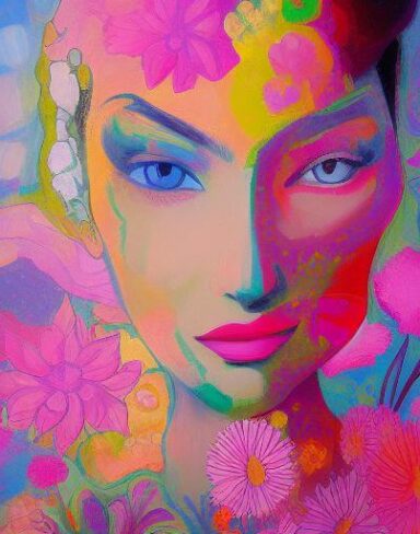 A painting of a woman surrounded by colorful flowers