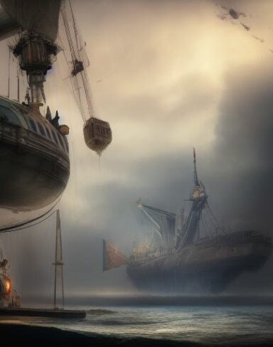 A painting of a young woman standing in front of a giant ship