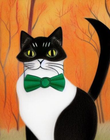 A painting of an elegant black cat with bowtie climbing up a tree in the autumn forest