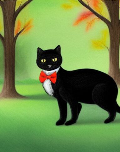 A painting of an elegant black cat with bowtie climbing up a tree in the autumn forest