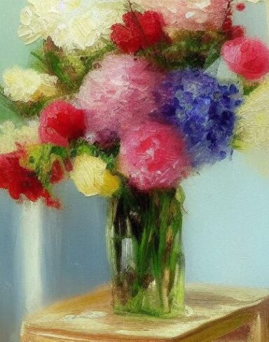 A painting of beautiful flowers in a vase on a table