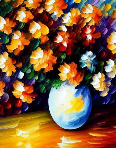 A painting of beautiful flowers in a vase on a table