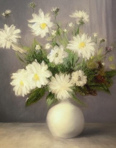 A painting of beautiful white flowers in a vase on a table