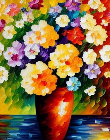 A painting of bright-colored flowers in a vase on a table
