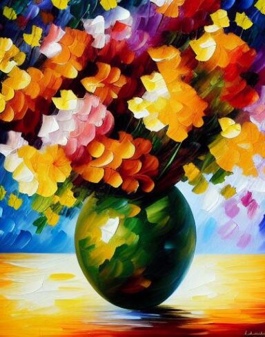 A painting of eye catching flowers in a vase on a table