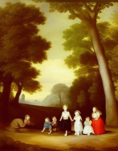 A painting of family in the forest with trees by Francisco de Holanda