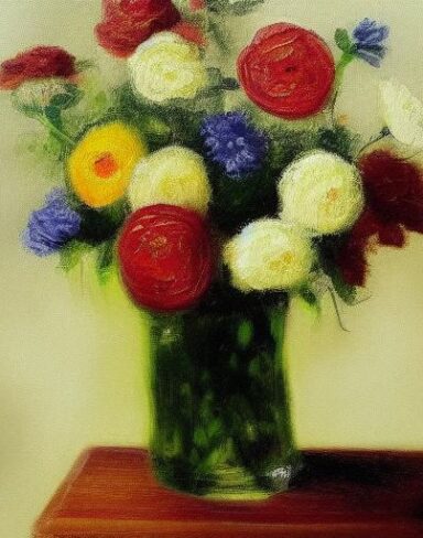 A painting of flowers in beautiful vase on the table