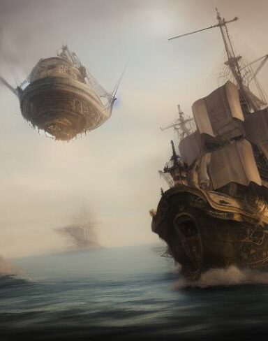 A painting of groups of people with a giant ship