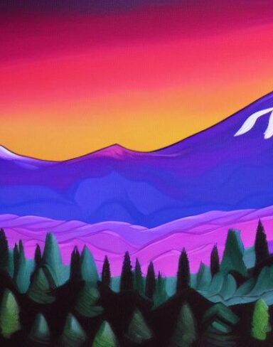 A painting of mountain and trees