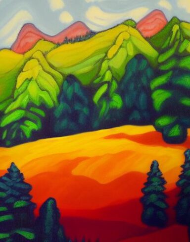 A painting of mountain and trees in a field