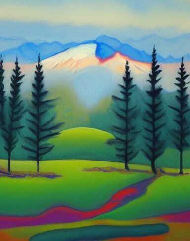 A painting of mountain and trees in a field