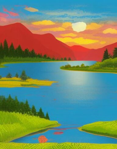 A painting of natural landscape with a lake