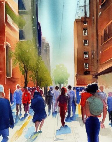 A painting of people walking down a city street