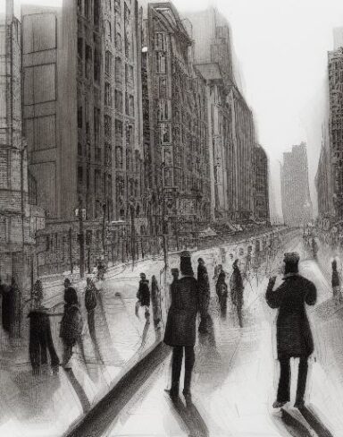 A painting of people walking down a city street