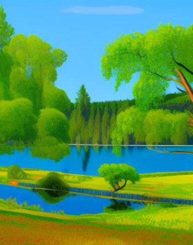 A painting of pine trees surround a lake