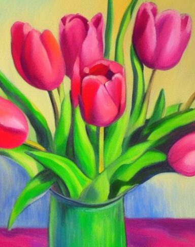 A painting of pink tulips in a vase
