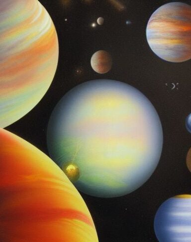 A painting of planets in galaxy space