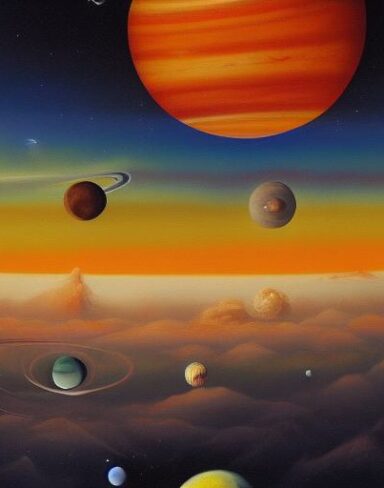 A painting of planets in space