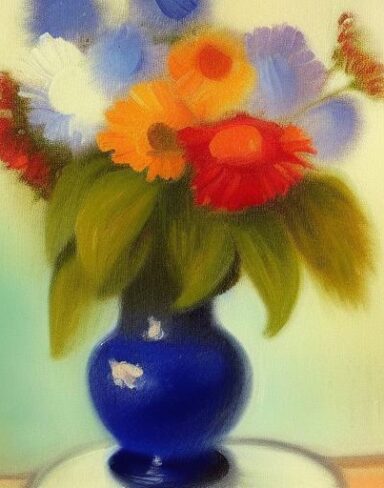 A painting of pretty flowers in a blue vase on a table