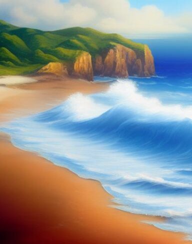 A painting of sea and beach