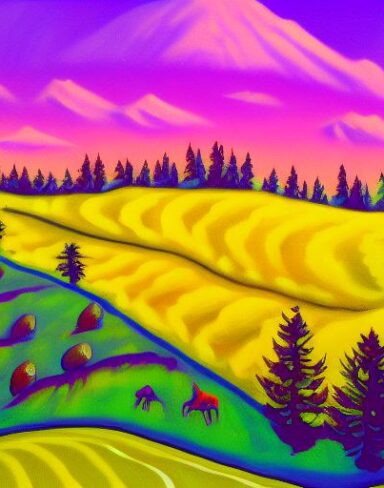 A painting of some animals in a field