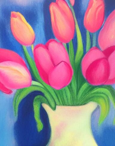 A painting of some pink flowers in the vase