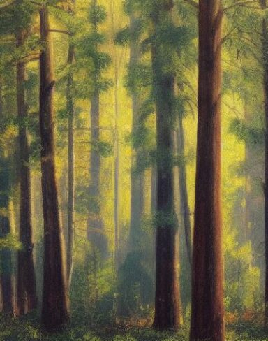 A painting of tall trees in a forest