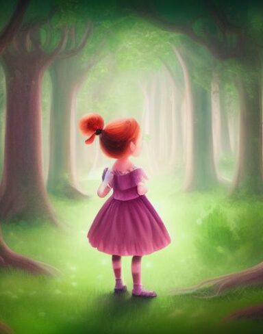 A painting of the little girl standing in a forest