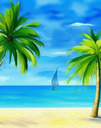 A painting of the palm tree and the beach
