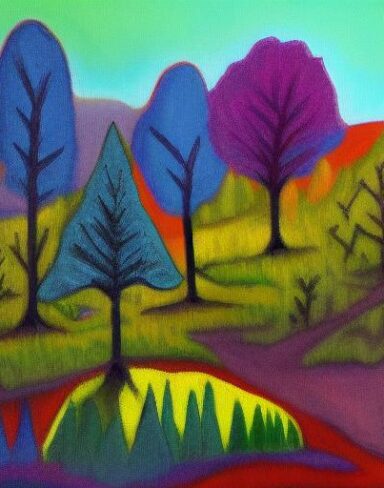 A painting of trees and shrubs in a field