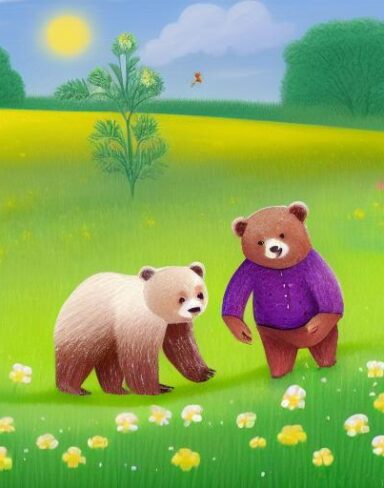 A painting of two bears in a field of flowers