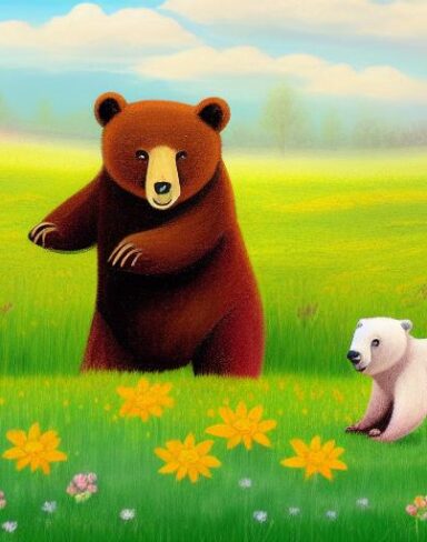 A painting of two bears in the flowers field
