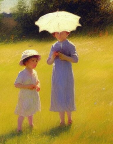 A painting of two kids in a field