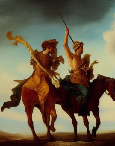 A painting of two man riding on two horse
