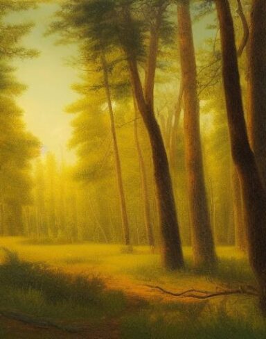 A painting of various trees in a forest