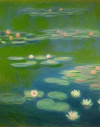 A painting of water lilies in a pond of water