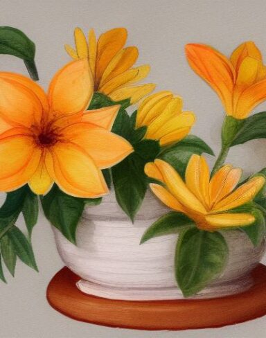 A painting of yellow and orange flowers on a white background
