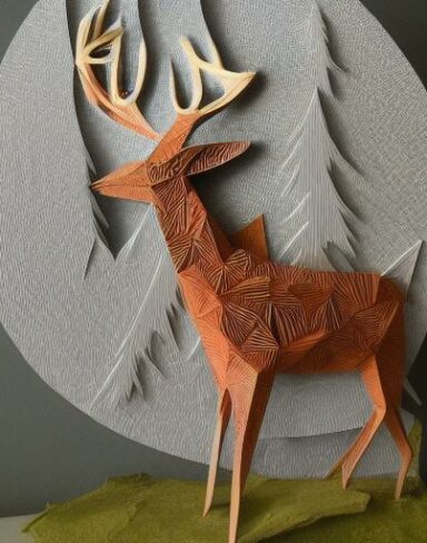 A paper cut of a deer in a forest