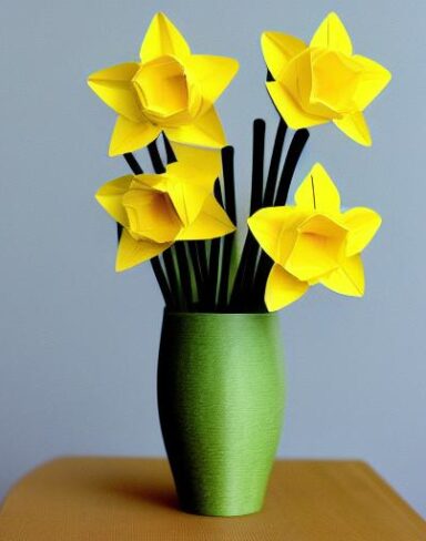 A paper daffodils in a pot on a table