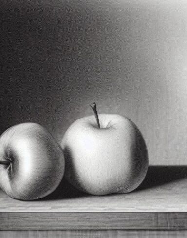 A pencil drawing of vase and apples on a table