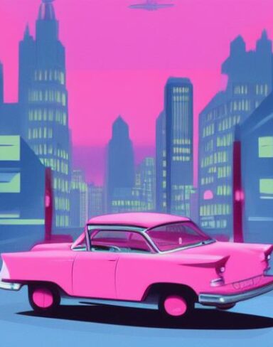 A pink car driving down a street at night