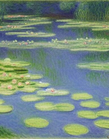 A placid painting of a pond filled with water lilies