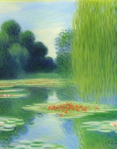 A placid painting of spirit dancing above a pond filled with water lilies