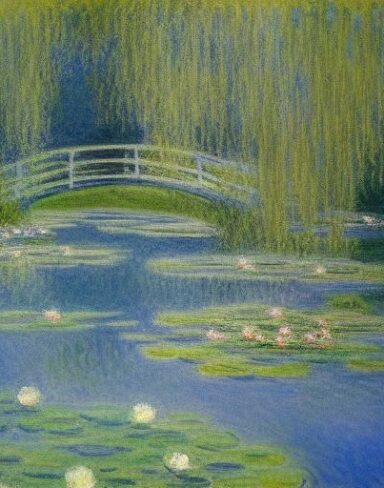 A placid painting of spirit dancing above a pond filled with water lilies