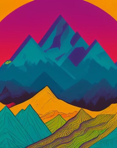 A psychedelic poster with mountains