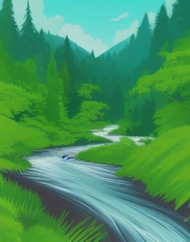 A river running through a lush green forest