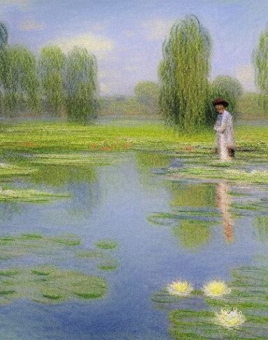 A romantic painting of a man standing near a pond filled with water lilies