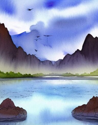 A serene detailed watercolor painting of a river with a mountain and rocks in the background with many birds in the sky