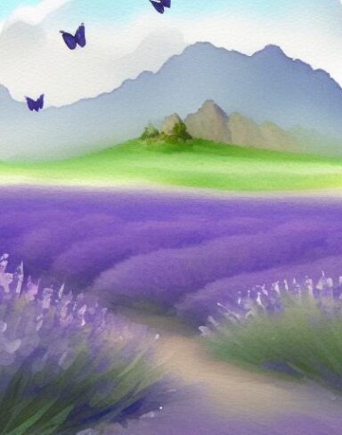 A serene watercolor painting of a field of lavender and butterfly with a mountain in the background